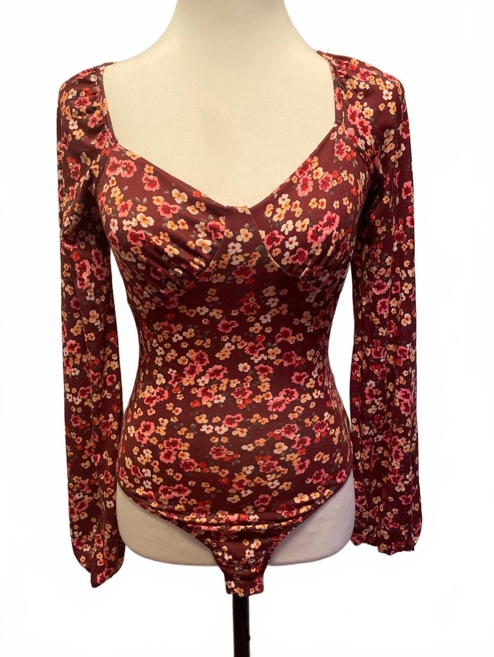 Lulus Burgundy Floral Bodysuit S Romantic 90s Cottagecore Soft Grunge Sweetheart